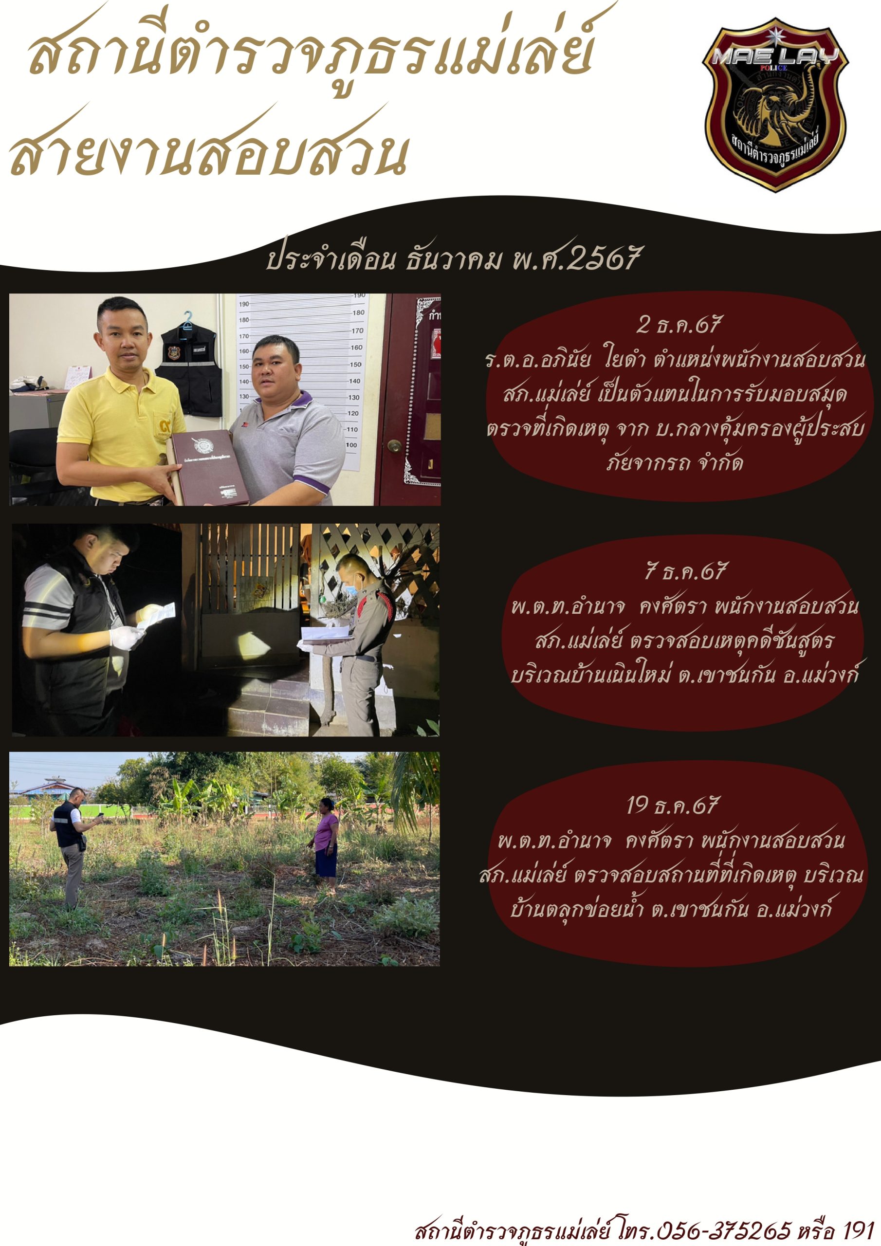 งานสอบสวน สถานีตำรวจภูธรแม่เล่ย์ ธ.ค.67